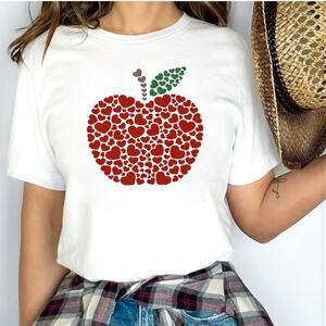 White T-Shirt with Red Heart Apple Design size S Valentine’s Day
